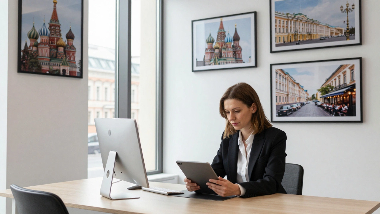 A professional Russian companion reviewing client profiles in a modern Berlin office with cultural landmarks displayed on the walls.