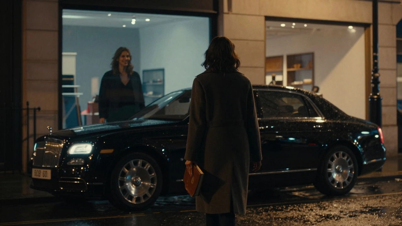 A woman walking away from a car in rainy London, holding a book, her silhouette framed by warm streetlight with a mirrored reflection behind her.