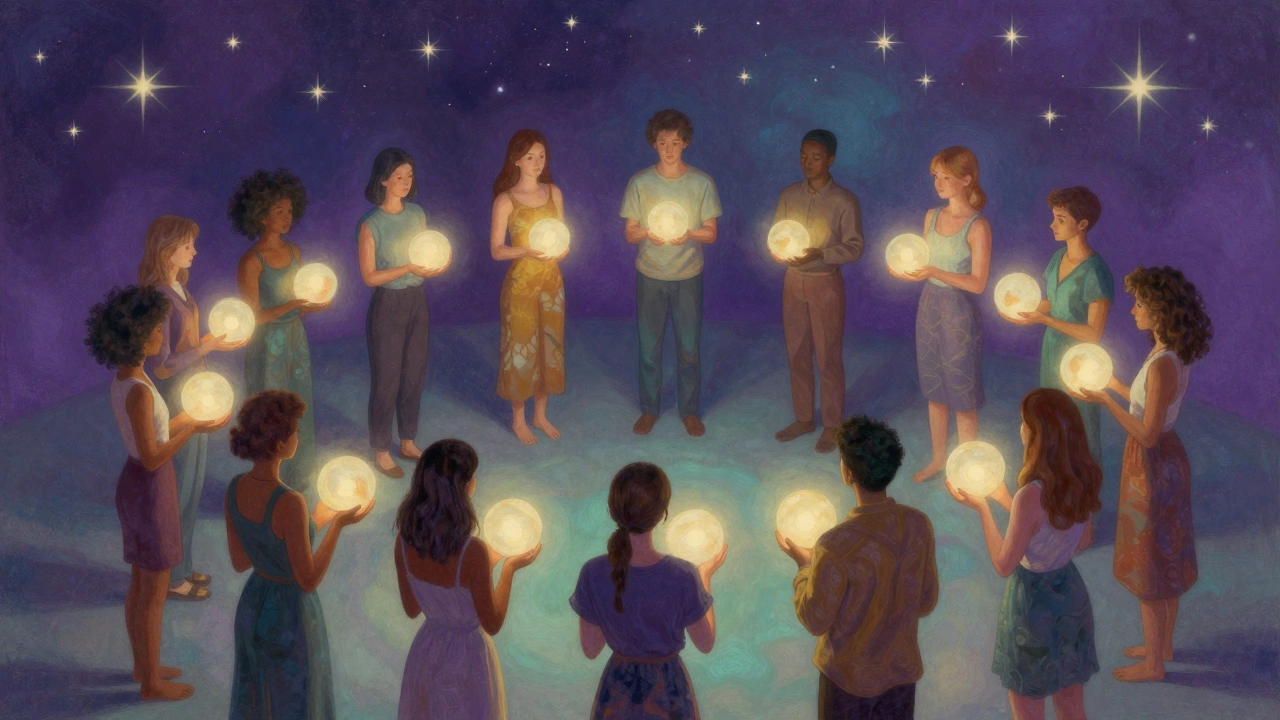Diverse group of people under stars, each holding glowing orbs representing individual sexual desire profiles.