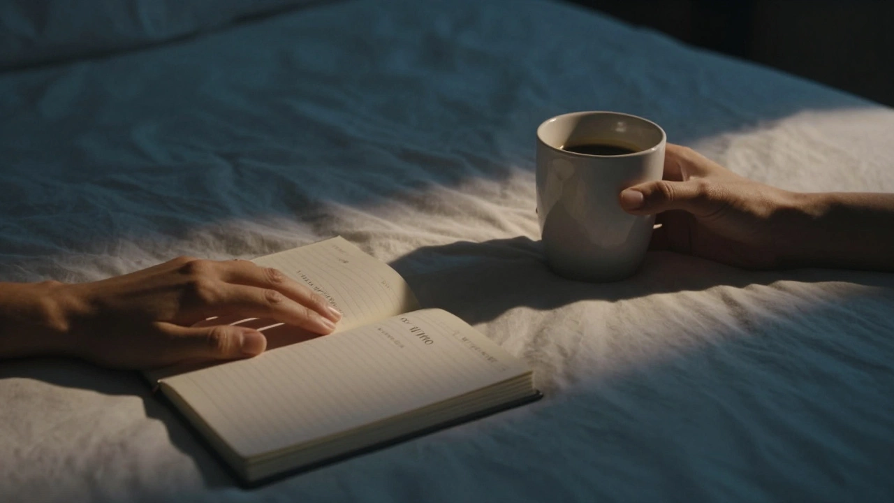 Two hands near a journal and coffee cup in a quiet bedroom, symbolizing emotional connection as a key factor in desire.